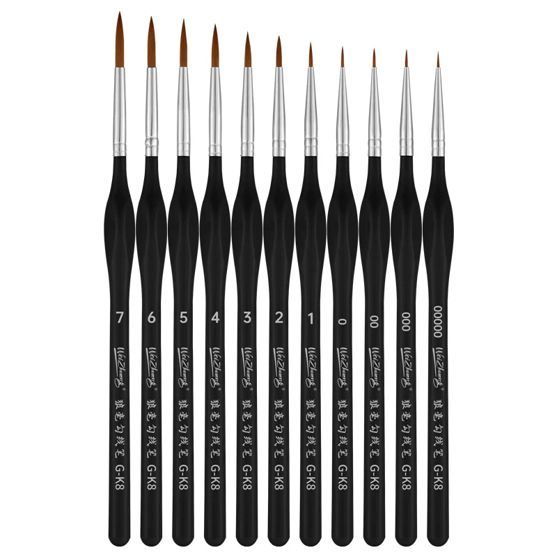 Manufacture Private Label Miniature Paint Brush Set Weasel Hair Fine Detail Liner Brush 11 Pcs Plastic Handle Paint Brush