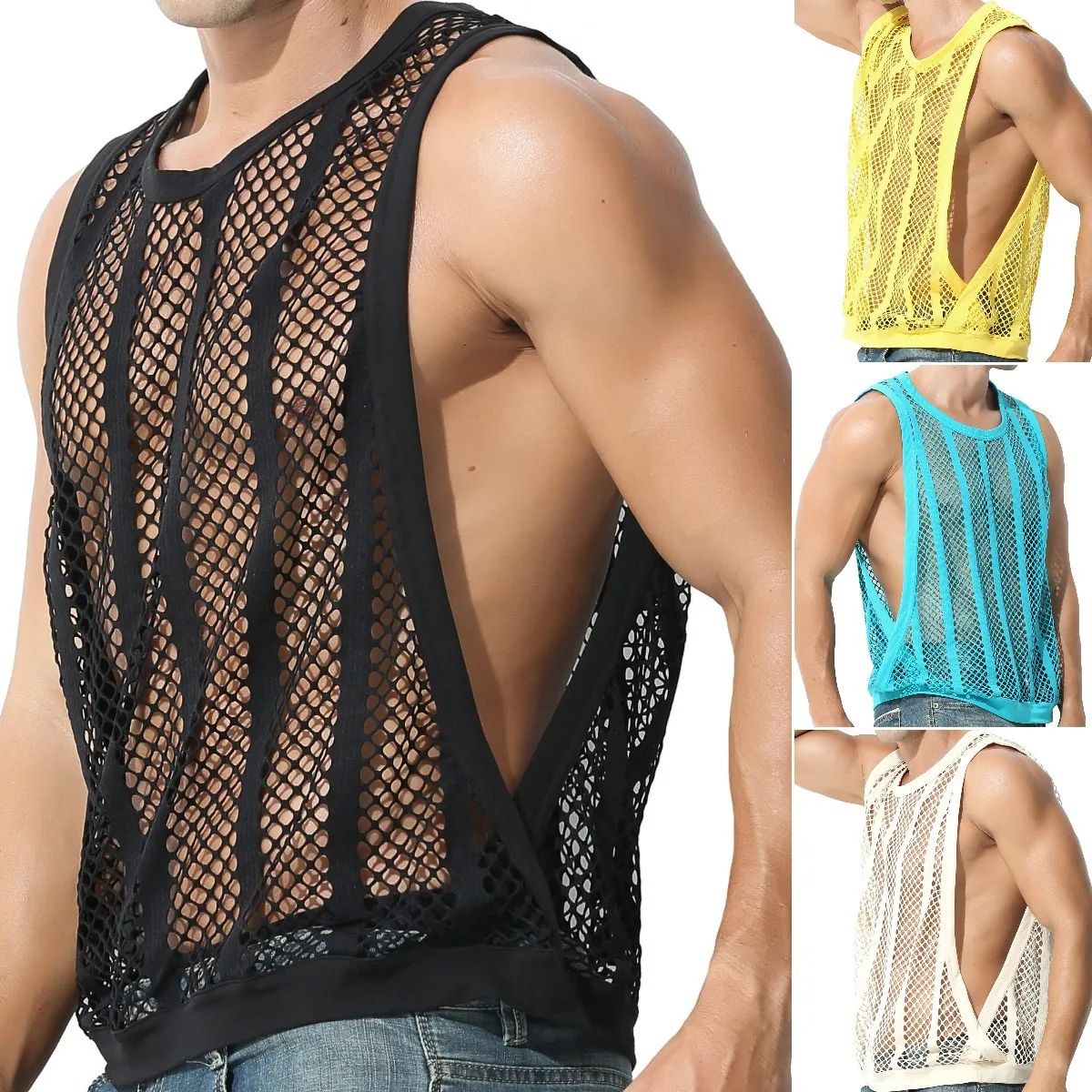 King Mcgreen Star Mesh Transparent O Neck Sleeveless Summer Male Vests Streetwear Sexy
