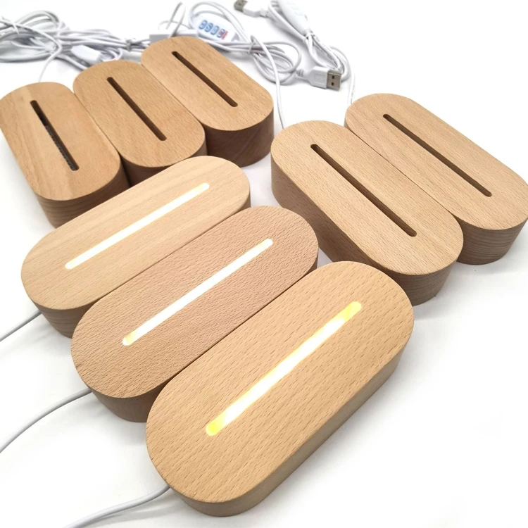 Wholesale China Wood Night USB Charge LED RGB Wooden Light Lamp Base 3D Night Light with Different Colors