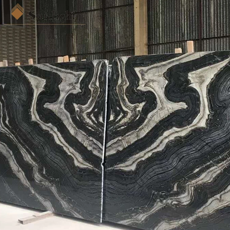Bookmatch exotic  Popular Black Wooden Marble Slabs with gold lines Polished Black Forest Marble For Wall Tile