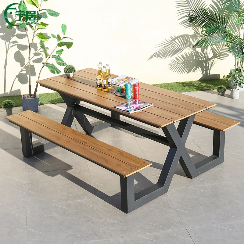 Outdoor restaurant park furniture dining set table with bench metal leg plastic wood table top fast producing