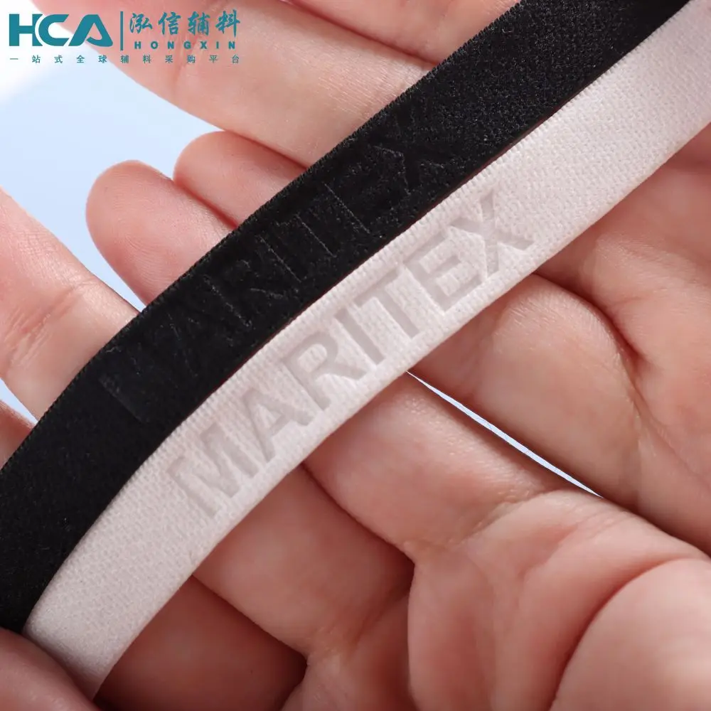 1cm High Quality Black White debossed Logo T shirt Hoodie Neck Elastic Tape for Garment