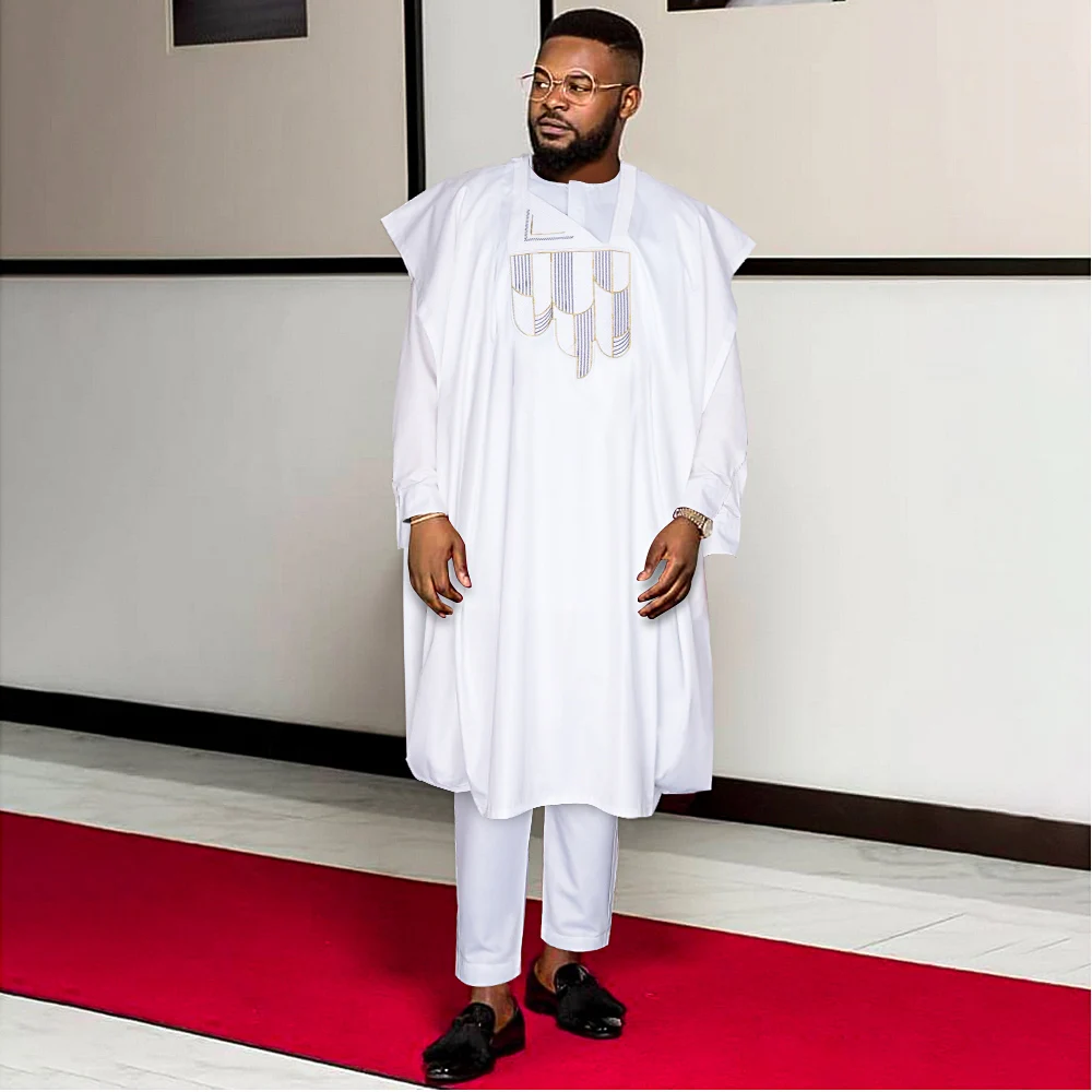 H & D New Style African Men Outfit Agbada Riche 100% Cotton Clothing Men Agbada Embroidery 3 Pieces Suit