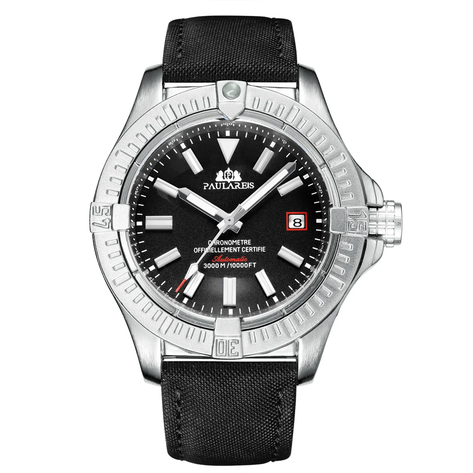 Paulareis Men Automatic Self Wind Mechanical Black Canvas Style Genuine Black Blue Leather Band Date Luminous Luxury Watch