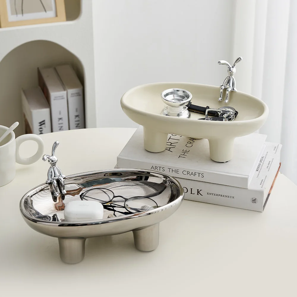 Creative Animal Ceramic Storage Tray Home Decoration Desktop Storage Ornaments Rabbit Bear Statue Bedroom Cosmetic Key Container