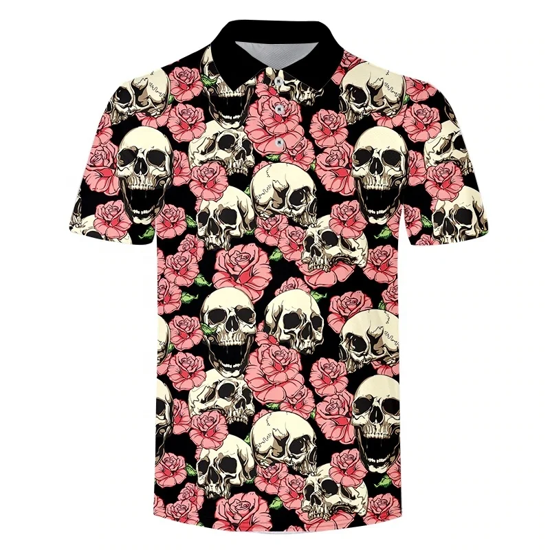 Custom Full Over Sublimation Printing Rose Flowers Skull Pattern Polo Shirts Summer Casual T-shirts Polyester Men Polo Shirts