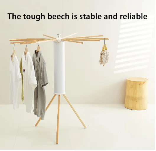 Solid High Quality Wooden Octopus Clothes Hanger Best Price Cylinder Tripod Drying Rack With 16 Changeable Rods Space Saving