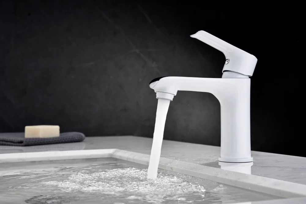 Bathroom Sink Tap Deck Mounted White and Chrome Color Basin Faucet Hot Cold Water Mixer Wash Hand Brass Body Factory Supplier