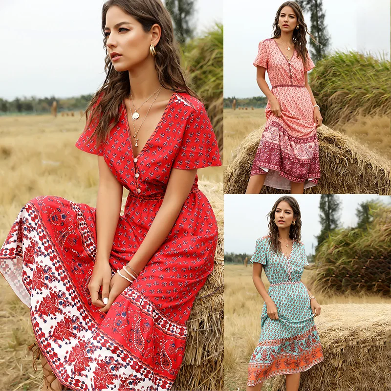 
2021 Summer European Dresses Women Elegant Casual Floral Print Dress V Neck Half Sleeve Bohemia Dress Ladies 