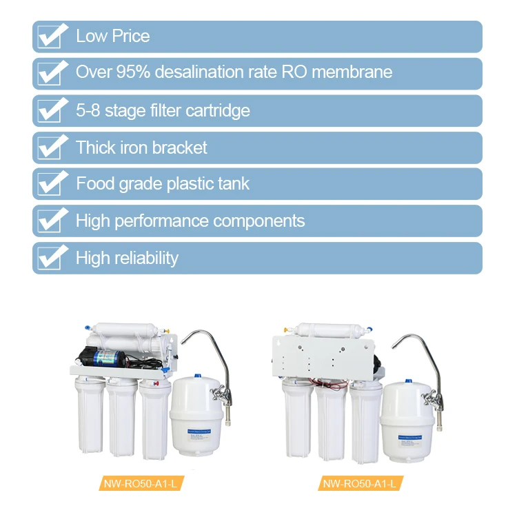 [NW-RO50-A1-L]High Quality 2.5 - 5 Bar Water Purifier Pressure Reverse Osmosis System 3G Plastic Tank RO System