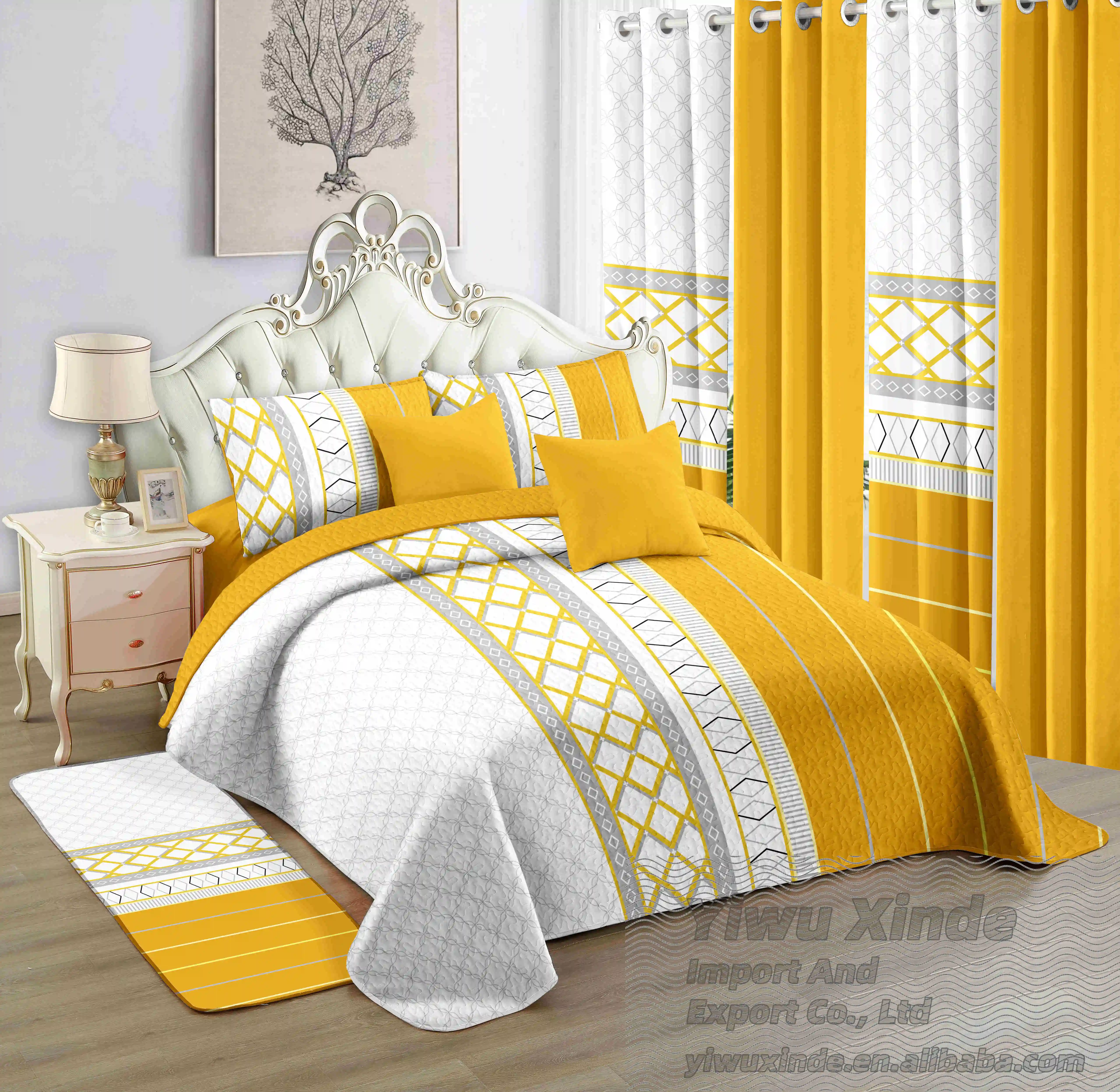 wholesale cheap 12pcs bedspread set with curtain king bedding set in stock customize cotton sheet bed spread set bedspreads