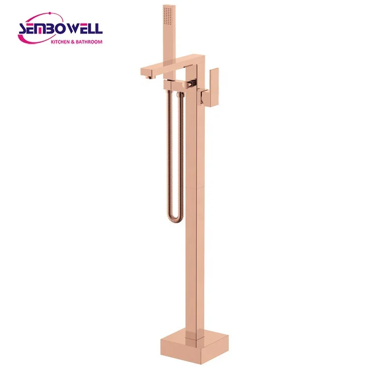 Free Solid Brass Floor Mounted Single Handle Bath Filler Rose Gold Freestanding Bathtub Faucet with Hand Shower
