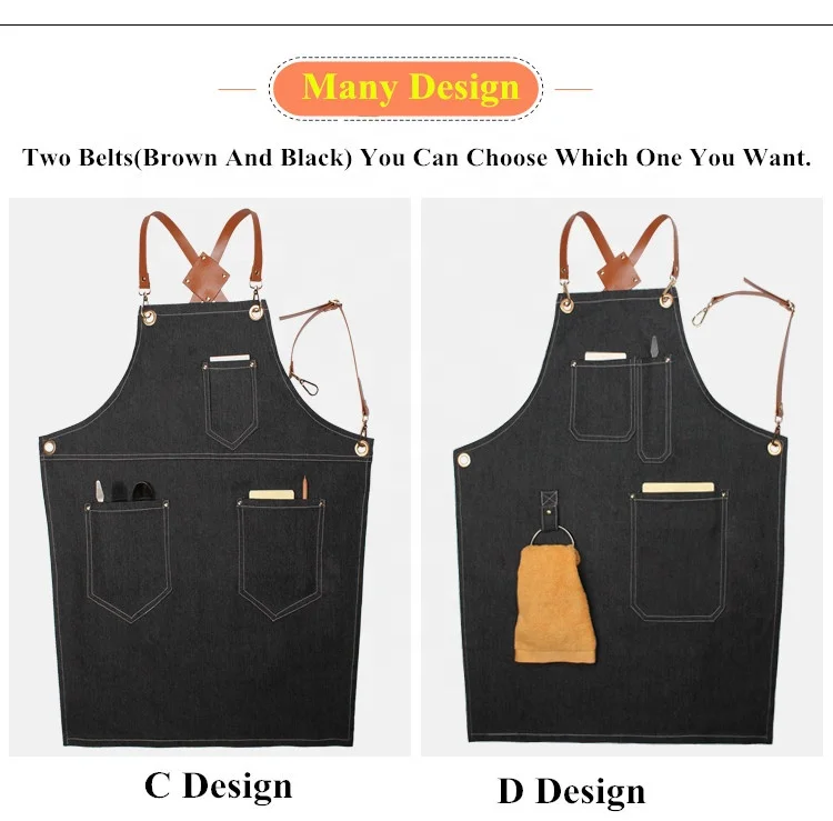High Quality Chef Kitchen Denim Apron With Custom Logo And leather Strap Barber Apron