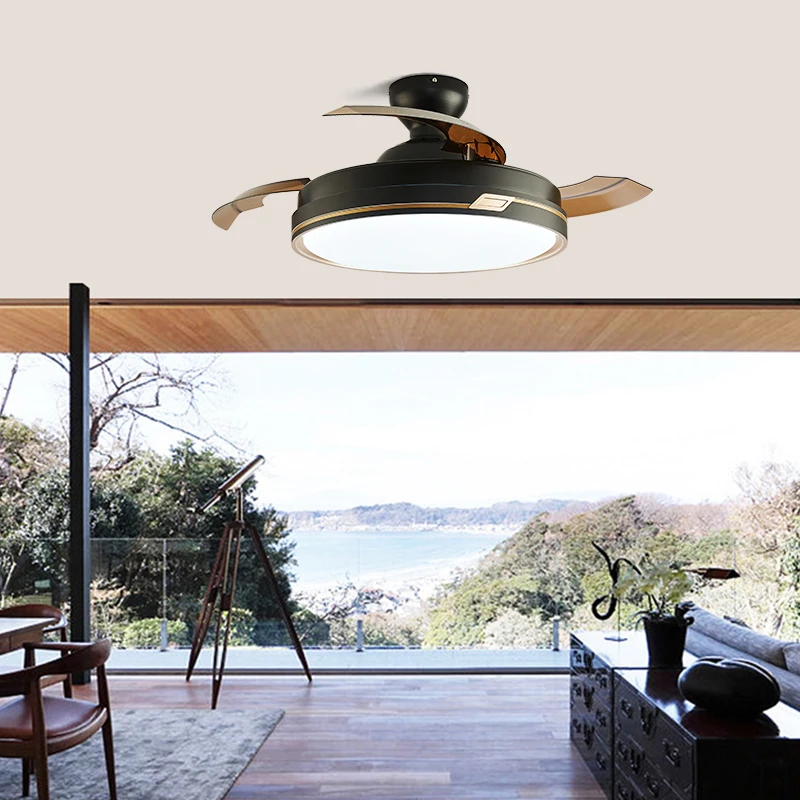 42 Inch Modern LED Ceiling Fan Light Retractable Blades 3 Color Change 6 Speeds Chandelier Remote Control