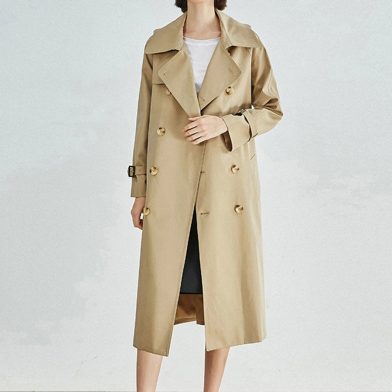 High Quality Winter Ladies Plus Size Khaki Trench Coat Custom Logo Solid Color Double-Breasted Women Long Trench Coat