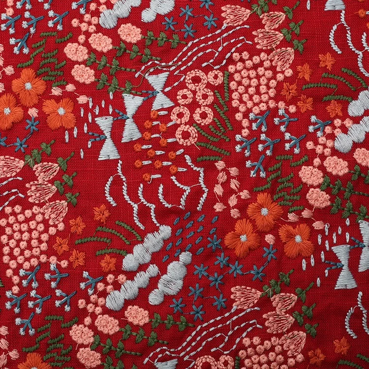 Width 125 cm Colorful Handmade Embroidery Plant Flowers Fabric Cotton Linen Fabric For Cheongsam Dress Bag