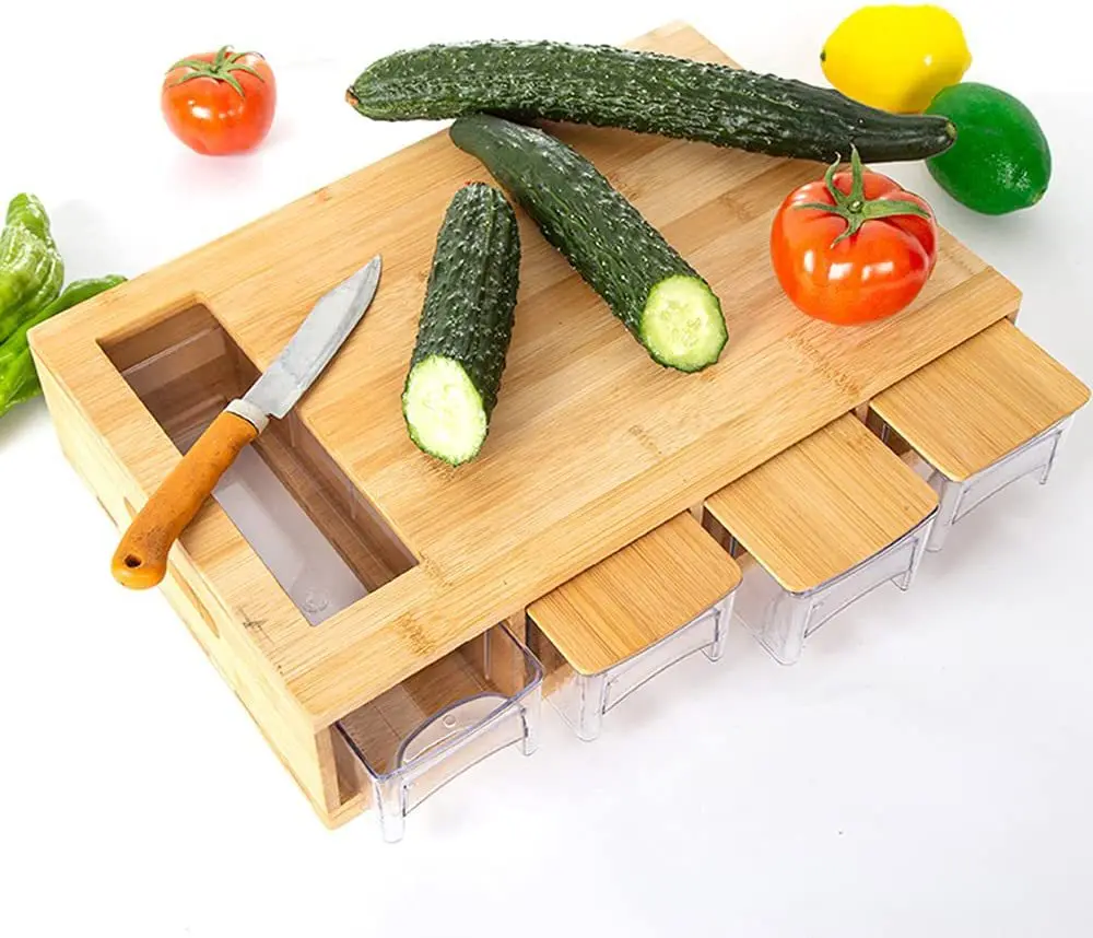 Custom Laser Logo Chopping Board Bamboo Cutting Board With 4 Storage Removable Drawer