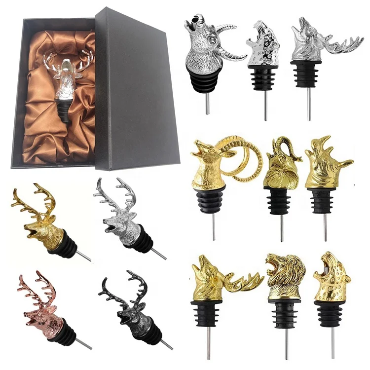 Gift box pack zinc alloy deer head wine pourer-aerator stag head  liquor bottle pourers animal wine pourer