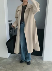 premium workmanship office lady luxury long camel beige double sided 100% wool trench coat for women