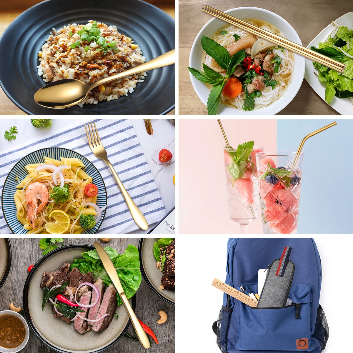 Stainless steel knife fork spoon 9 pcs travel cutlery set camping portable flatware set