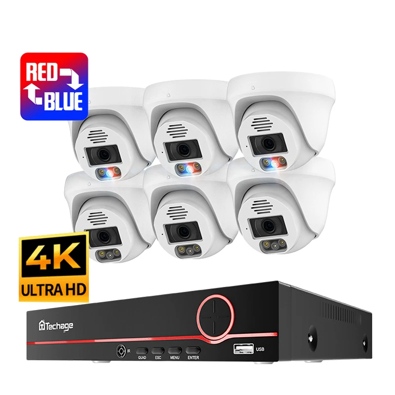 Techage Security 8Ch 4K Nvr Kit Indoor Dome Cctv 8Mp Poe Camera With Alarm Voice Ai Face Detection