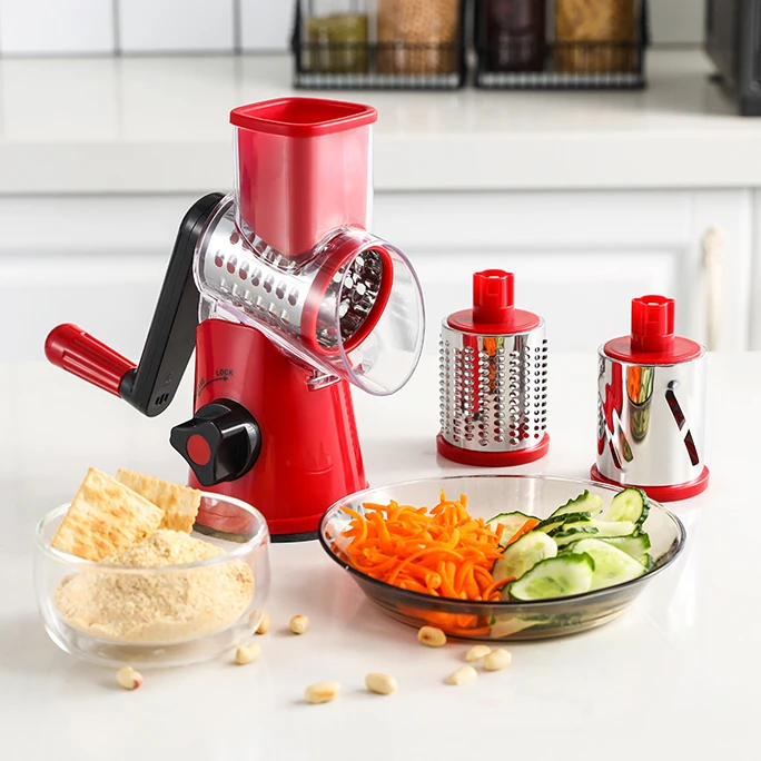 Multi purpose manual kitchen salad cutter food potato parmesan cheese grater vegetable cutter slicer rotary tabletop drum grater