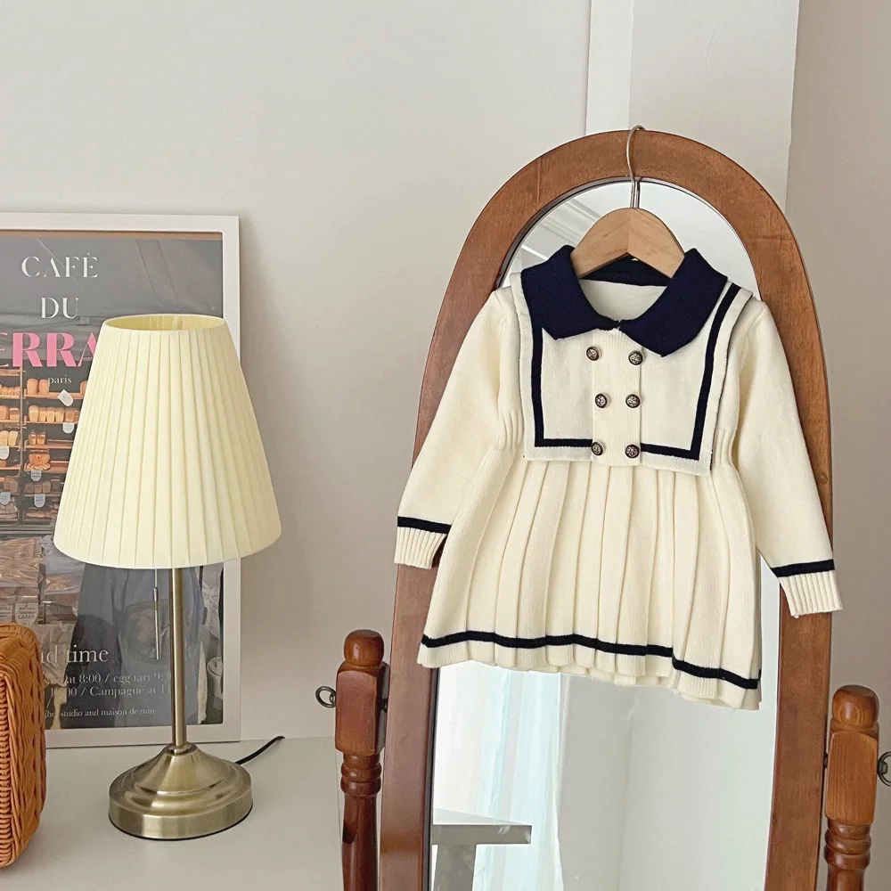 Autumn/Winter Newborn Infant Toddler long-sleeved navy dress for girls