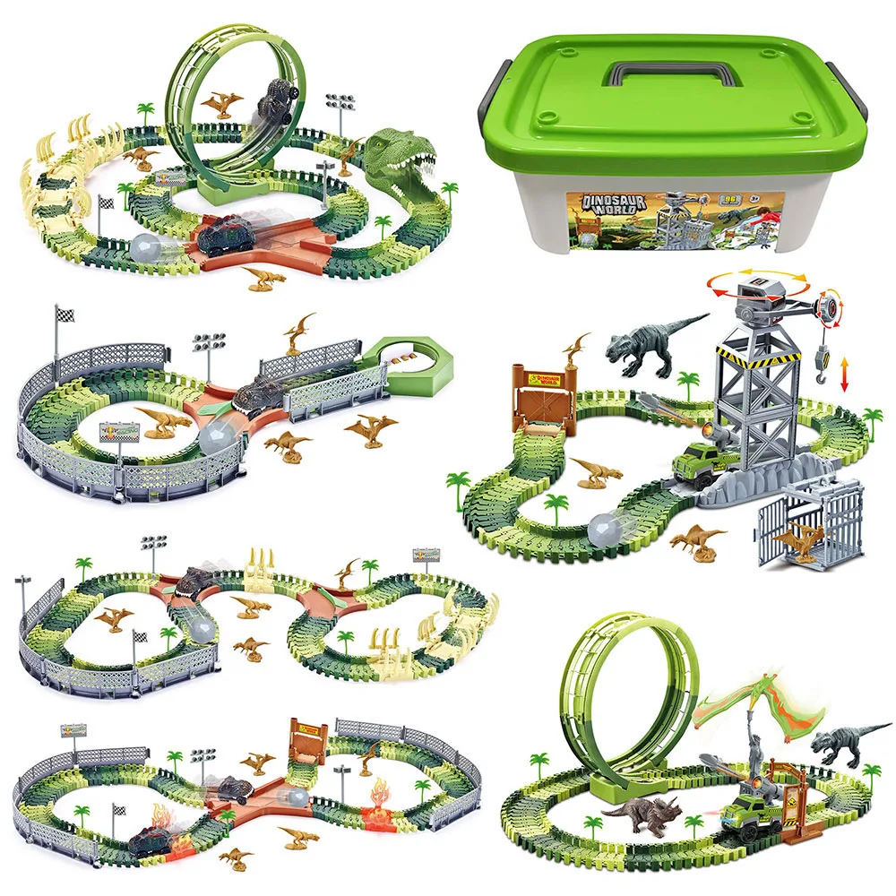 With figure dinosaur world road race slot Kids diy assembly toy dinosaur car track 2024