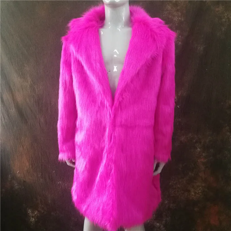 Men Thick Fuzzy Solid Hot Pink Grey Black Faux Fur Coat Warm Winter Long Turn-down Collar Jacket