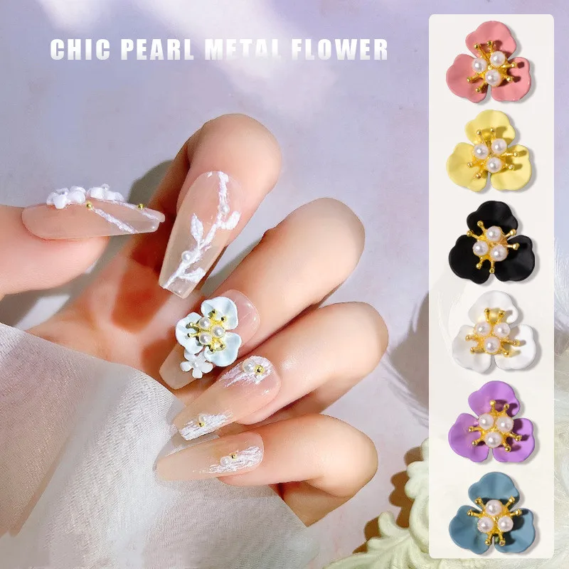 NEW design 6 color nail art three-petal flower pearl jewelry alloy painted metal nail decoration