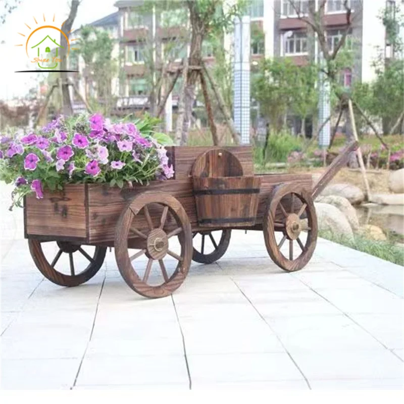 Movable Solid Wood Four-wheel Garden Rustic Wooden Flower Cart Wood Wagon Planter