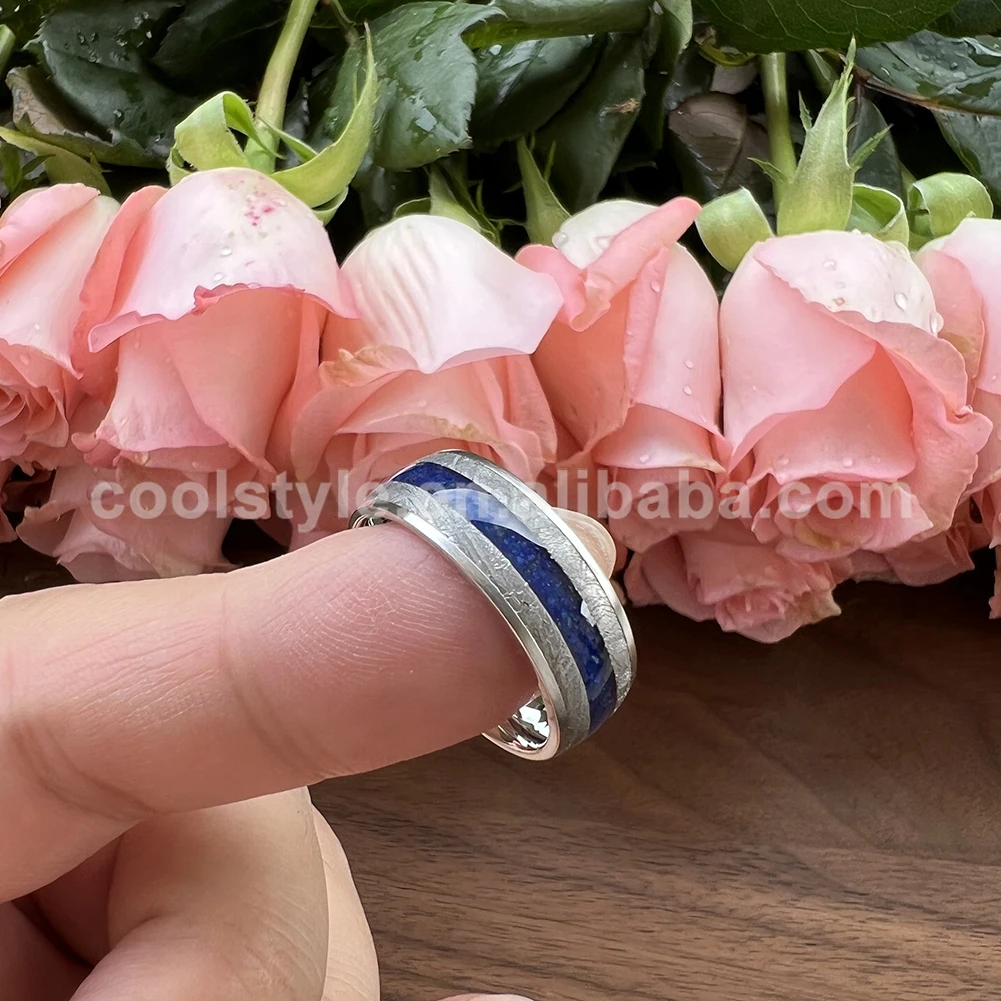 8mm Men Women Wedding Band Titanium Rings Real Meteorite & Lapis Inlay Domed Comfort Fit Tungsten Stainless Steel Available