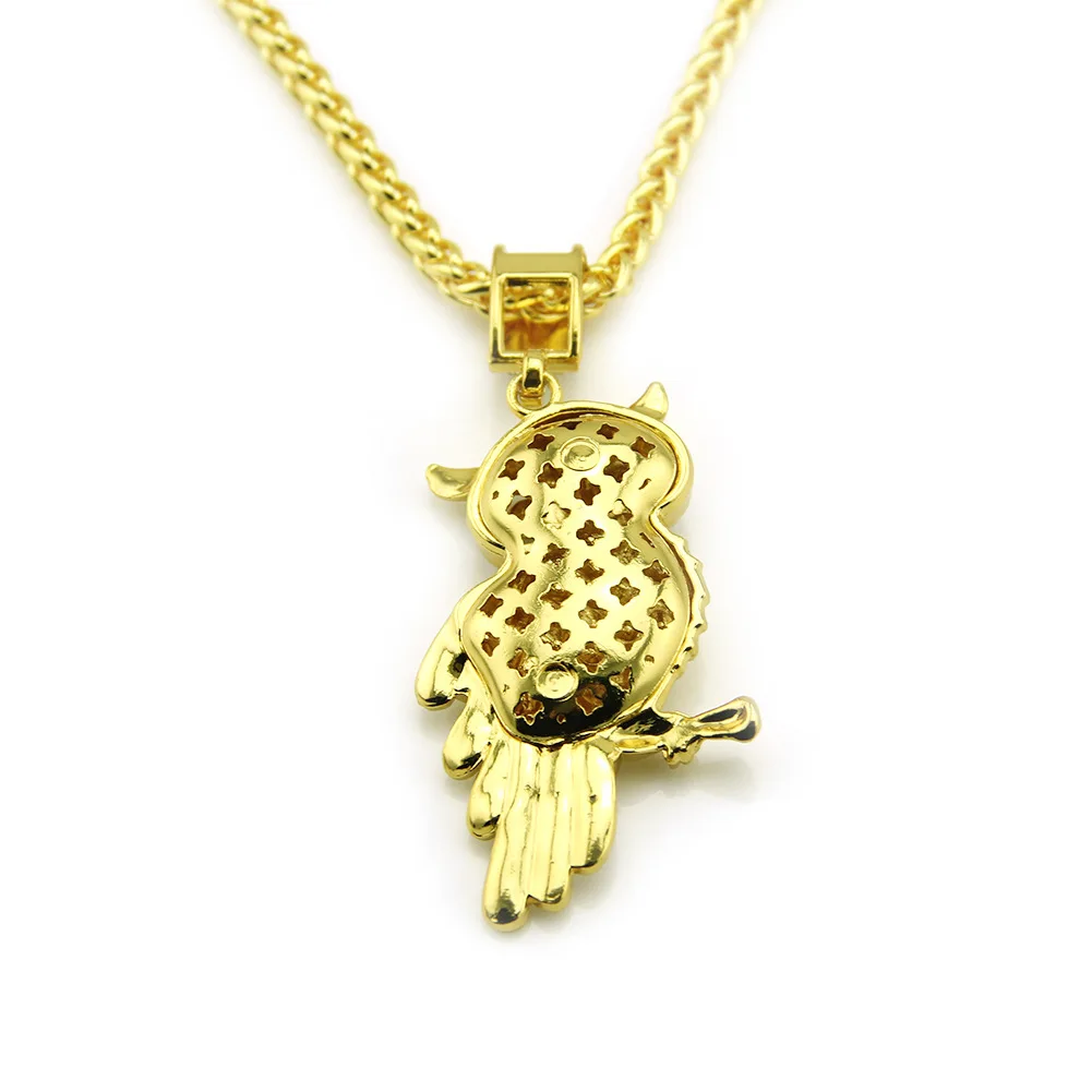 Fashion Simulated Diamond CZ 18K Gold Bling Full Iced Out Owl Pendant Necklace