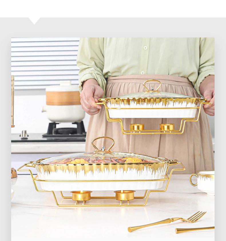 Luxury Gold Ceramic Food Warmer Buffet Serving Dish Soup Pot Candle Chafing Dish Buffet Set
