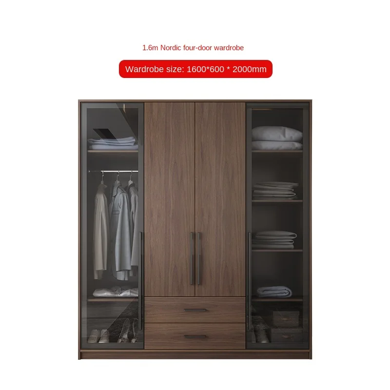 Nordic minimalist household walnut color casement glass door large wardrobe