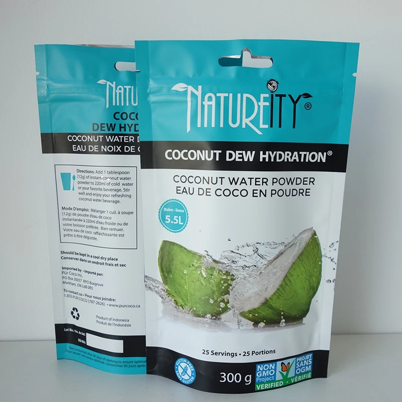 Пакеты для упаковки пищевых продуктов на заказ пластиковые перезаряжаемые с застежкой-молнией кокосовый порошок стоячий мешочек