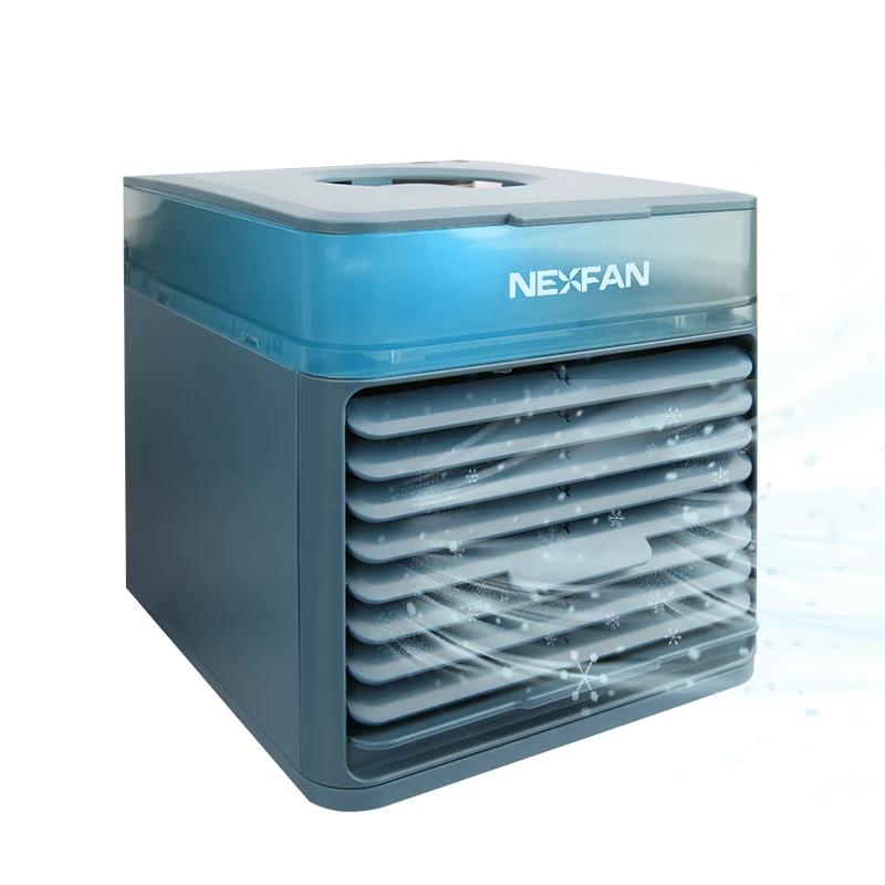 
Новый маленький воздушный охладитель NexFan для комнаты, Модернизированный воздушный охладитель для офиса, синие портативные вентиляторы с 7 светодиодными лампами для улицы 