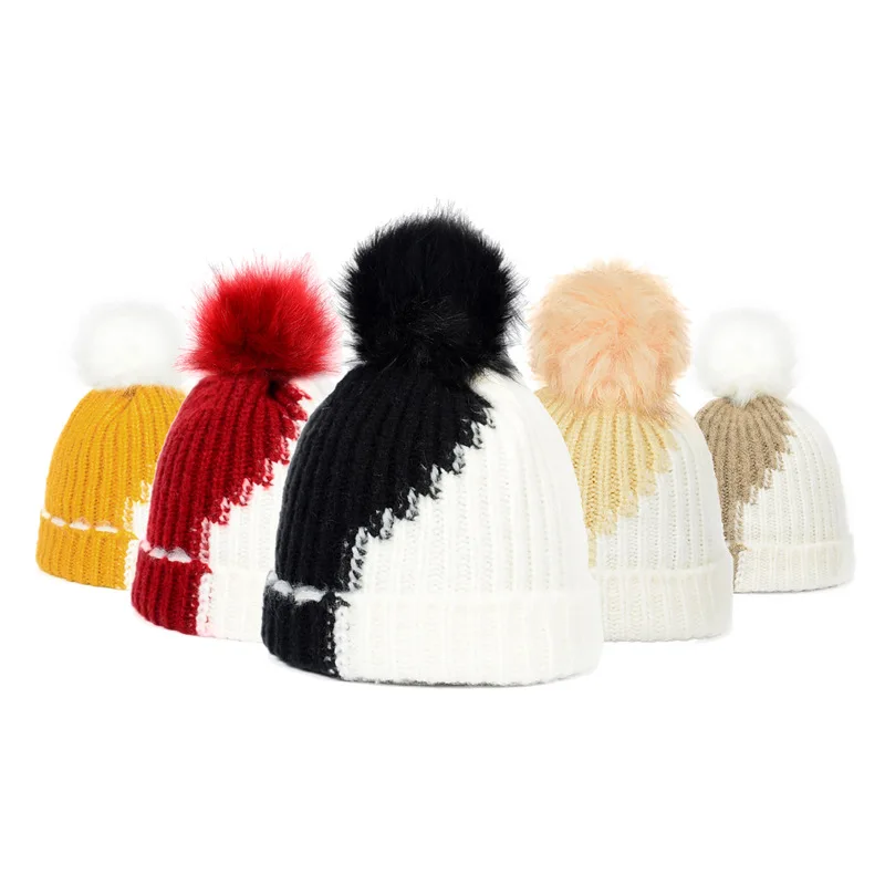 
Pompom beanie knitted winter hat for men and women autumn and winter double layer woolen hat 