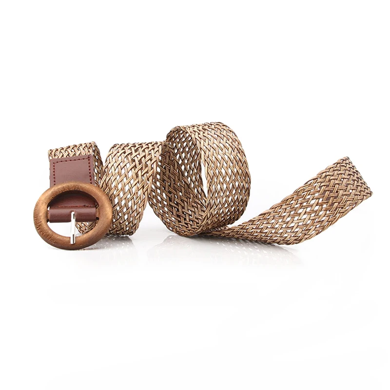  Rings Wooden Buckle Fashion Woven Braided Ladies Belt with Bohemian