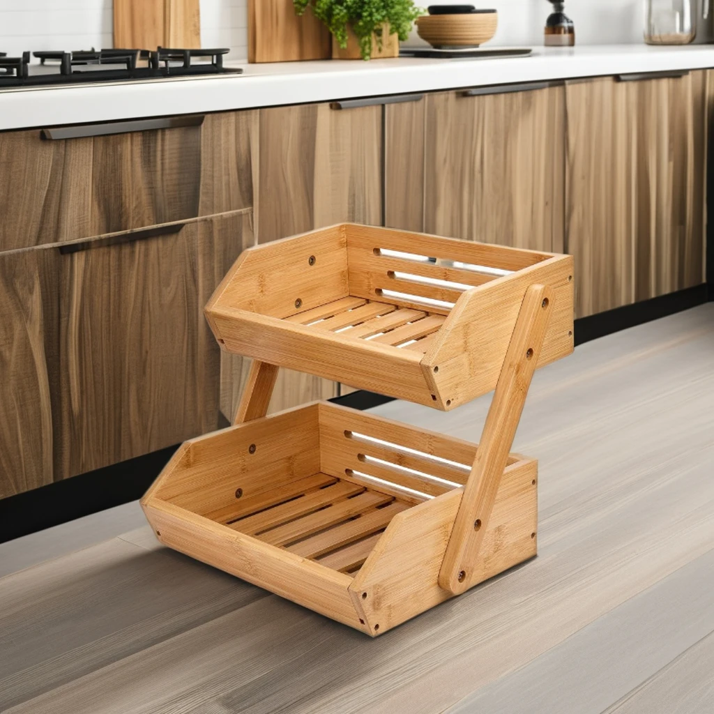 Folding 3-Tier Bamboo Fruit Basket Hanging Kitchen Counter Organizer for Fruit Vegetable Storage for Kitchen Countertop Use