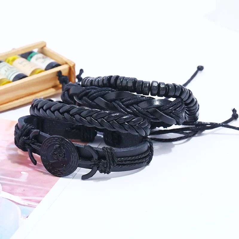 Retro DIY woven imitation cowhide bracelet for men pirate skull style leather bracelet set