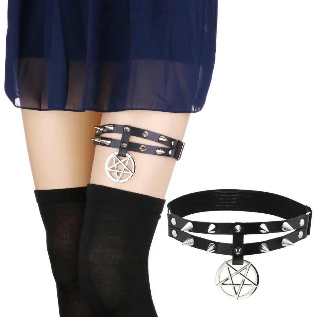 Fashion Punk Gothic Double Row Rivet Leather Thigh Ring Personality Five pointed Star Pendant Elastic Leg Garter
