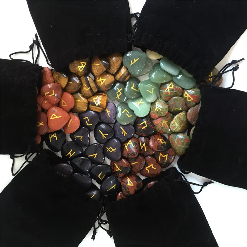 Wholesale 25 pcs Chakra Crystal Heart Set Engraved Holistic Balancing Reiki Healing Crystals Chakra Symbols Tumbled Palm Stone