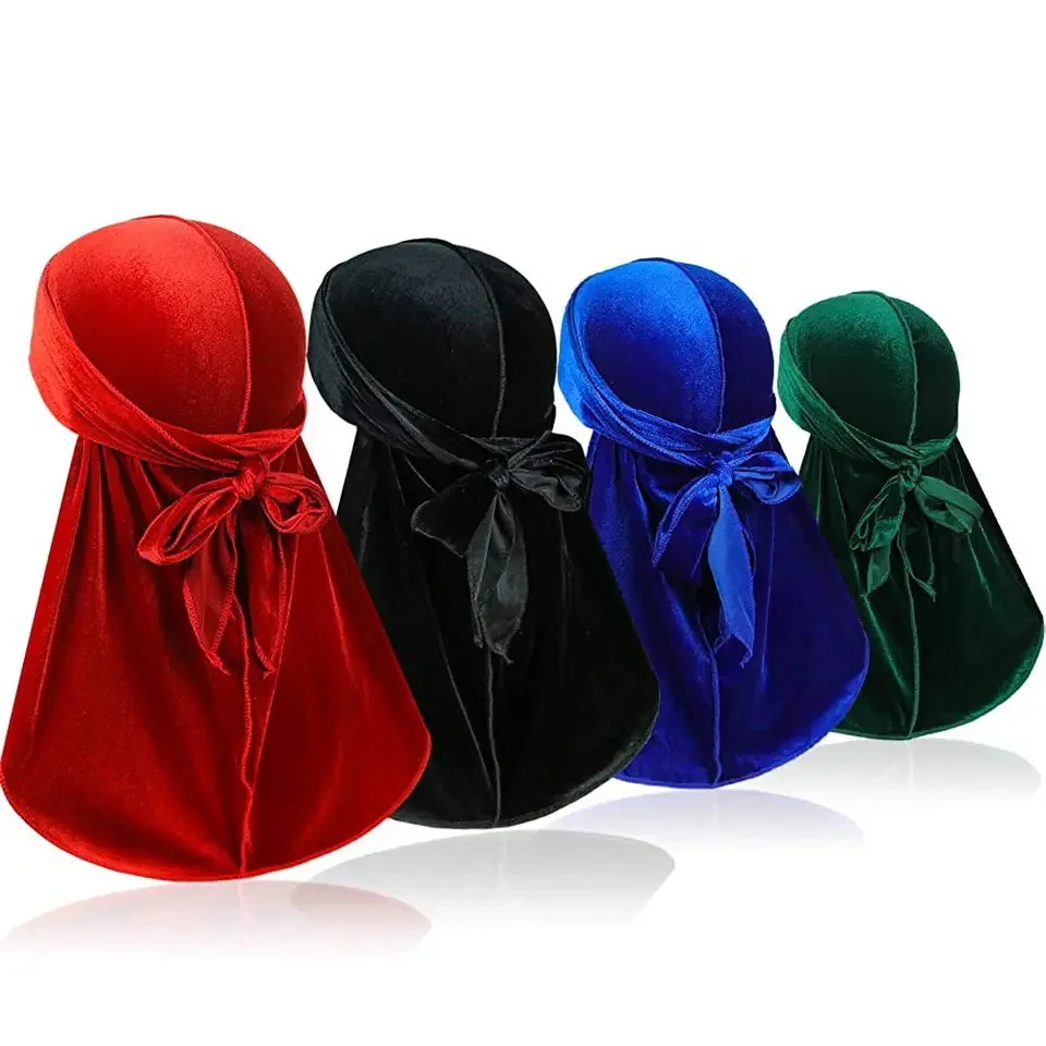 Unisex Velvet Durags Bandana Solid Designer Waves with Long Tail Durags for Men