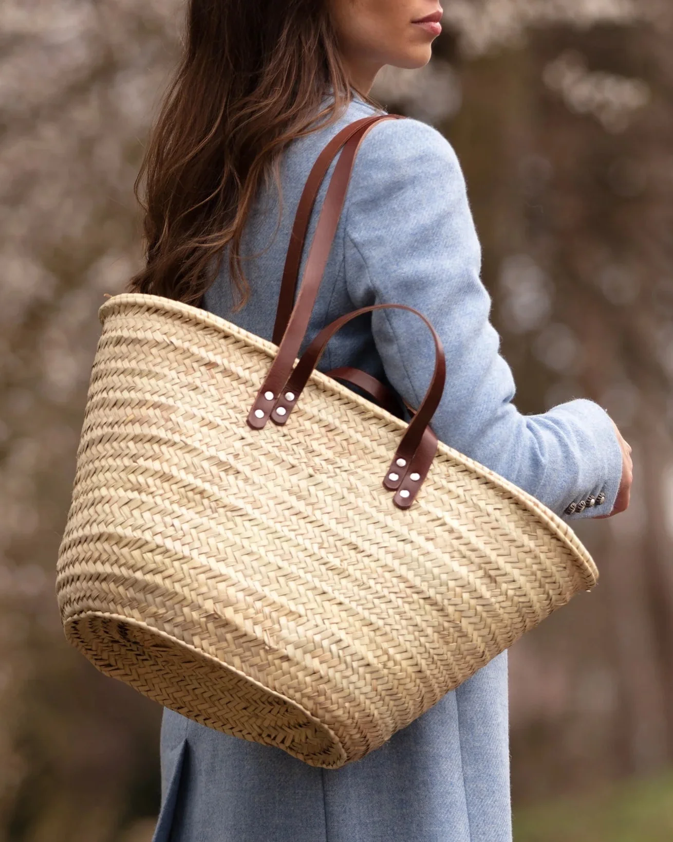 Handwoven Moroccan Basket Bag Beach Summer bag Straw Basket Bags Light Brown  Leather Handles