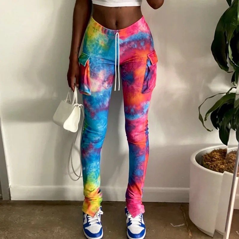 Trendy 2022 Summer New Arrivals 6 Color Elasticity Drawstring Women Tie Dye Big Pocked Casual Sweat Stacked Pants