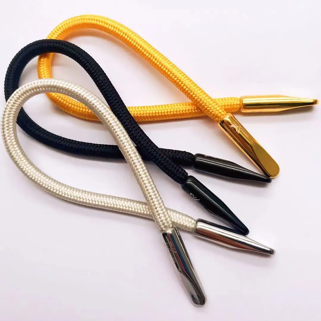 5mm high quality luxury round polyester  drawstring cord with laser logo metal aglets.