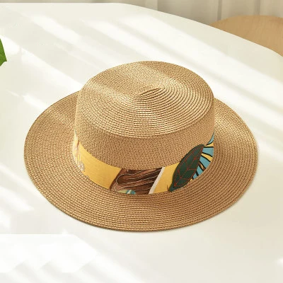 Fashion Summer Casual Outdoor Party Beach Sunshade Leaf Print Ribbon Stripe Sun Hat Flat Top Straw Boater Hats for Men Women