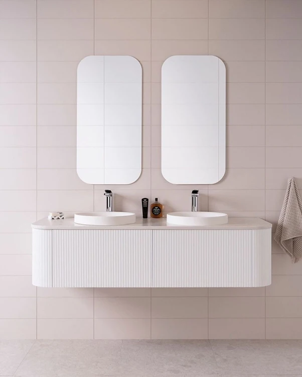 Natural Marble Wall Mounted Bathroom Vanity with LED Backlit Mirrored Cabinets