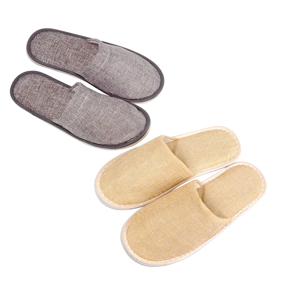 Customized Logo Washable Home Hotel Slippers Eva Sole Linen Indoor Reusable Yellow Grey Hotel Slippers